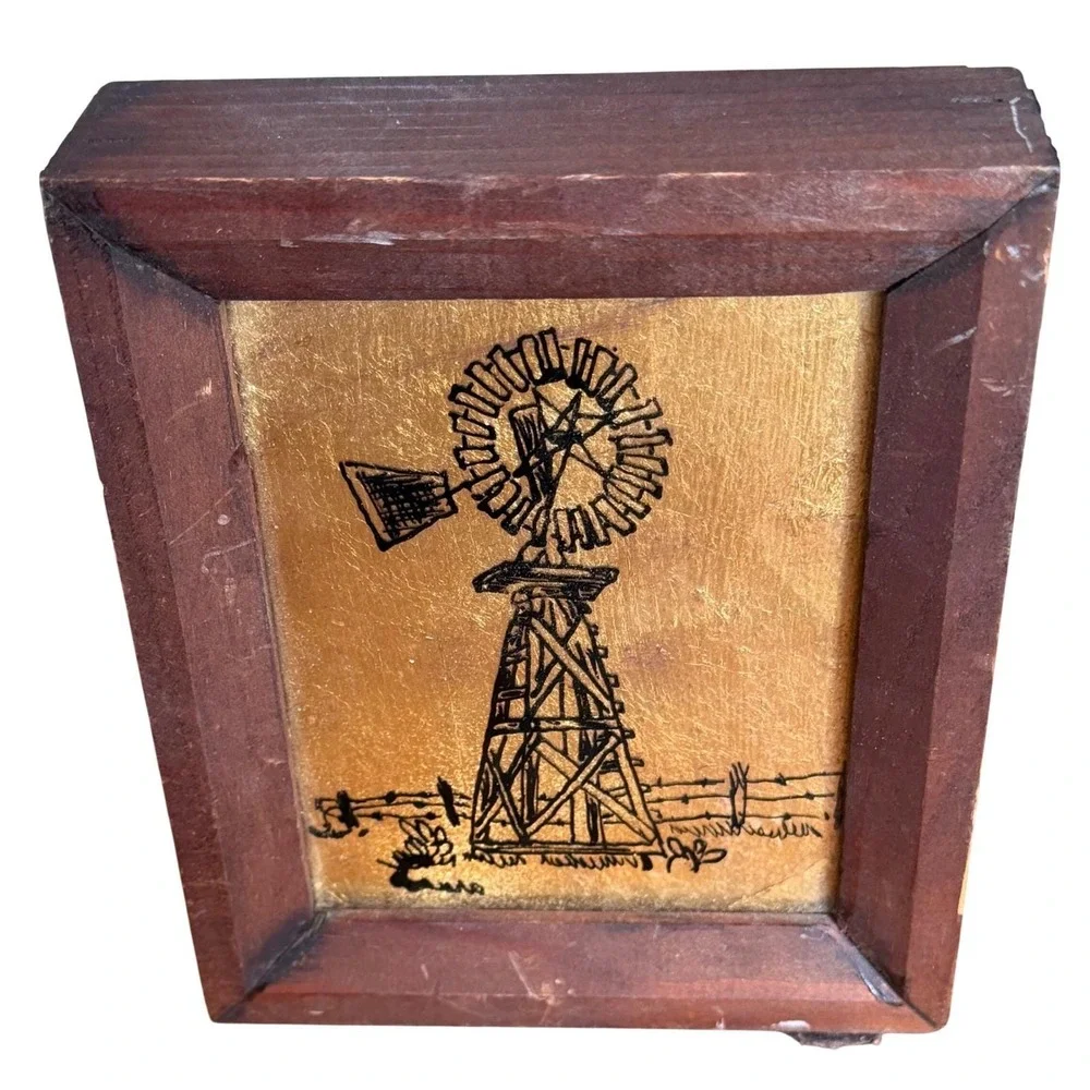 Vintage 70s Texas Windmill Sketch Gold Background Wood Frame Western Wall Art‎